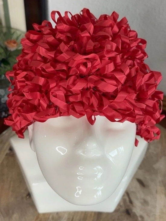 Joseph Magnin Red Ribbon Hat Ruffled Loop Mid Century Couture Cocktail Hat main image 13